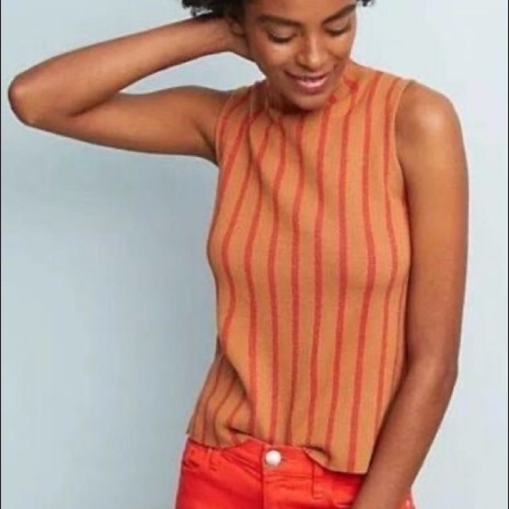 Anthropologie Womens Red Tan Stripe Mock Neck Sleeveless Sweater Top M